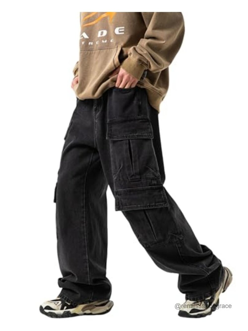 Men's Baggy Wide Leg Cargo Jeans Relaxed Fit Denim Pants